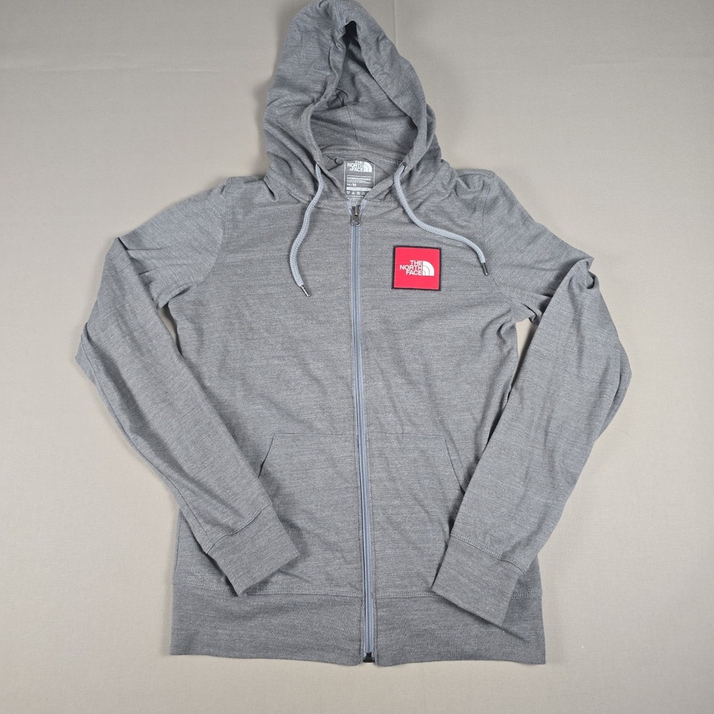 The North Face Hoodie Womens M Medium Gray Full Zip Red Box Patch Sweatshirt